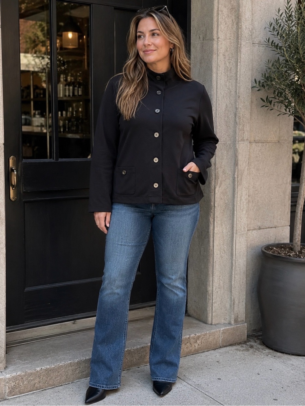 Talbots Black Button-Front Stand Collar Blazer Jacket